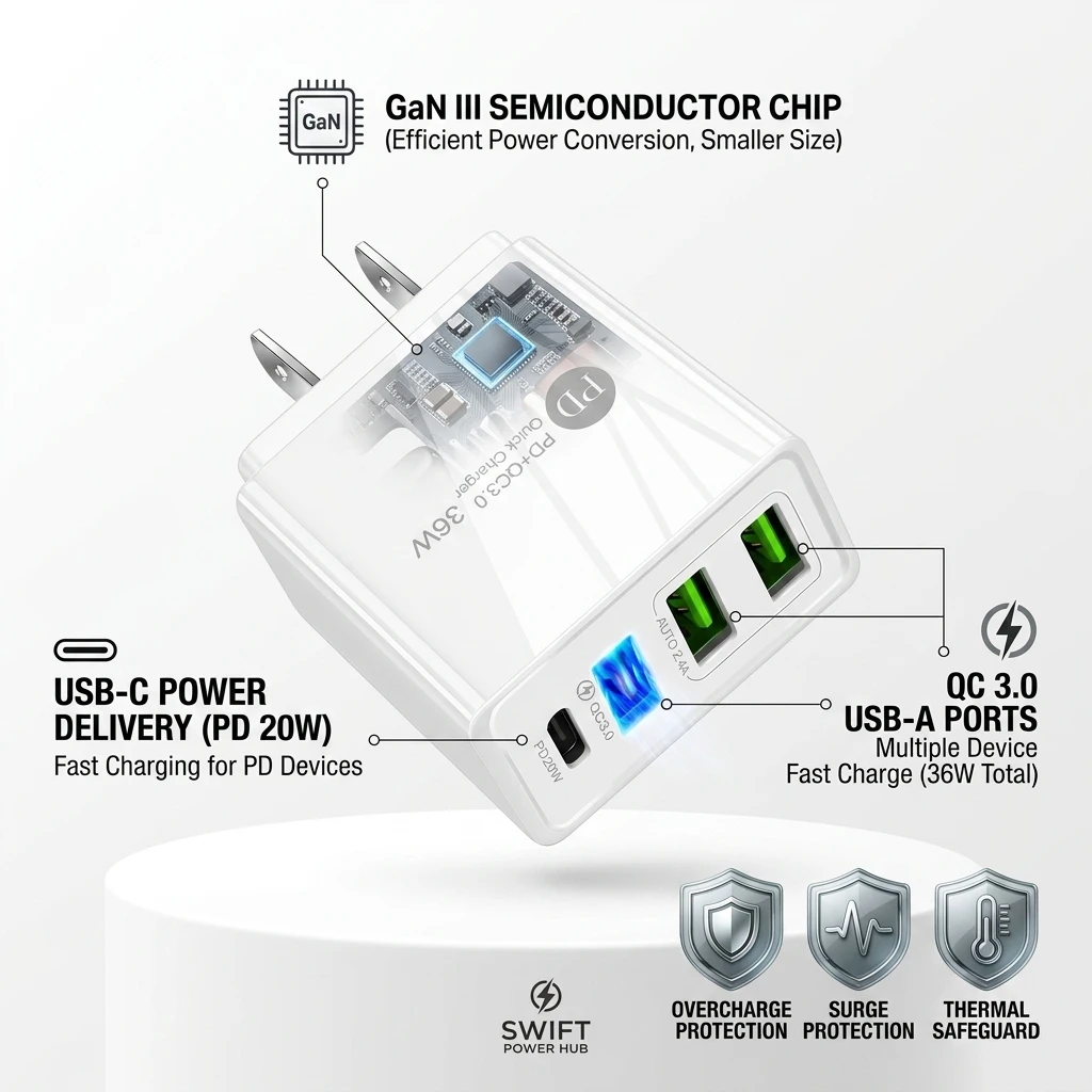 Swift Power Hub feature graphic showing GaN III chip, PD 20W, QC 3.0 ports, and safeguards