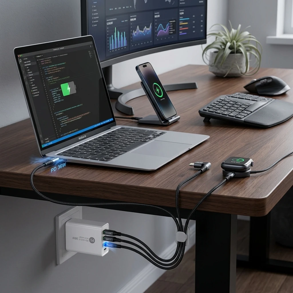 Swift Power Hub powering a laptop, phone, and accessories in a desk setup